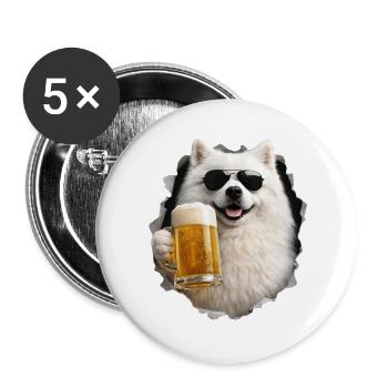 Japanischer Spitz Bier - Buttons groß 56 mm (5er Pack) - Weiß - Vorne