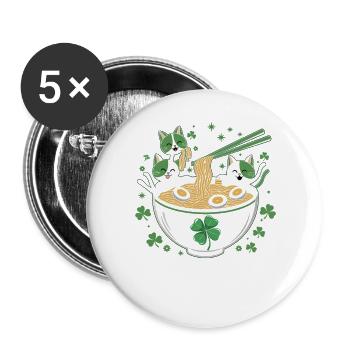 Katzen-Ramen Fiesta mit Glücksklee - Buttons groß 56 mm (5er Pack) - Weiß - Vorne