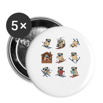 Lustiger Ski Mops für Wintersport Fans - Buttons groß 56 mm (5er Pack) - Weiß - Vorne