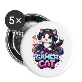 Gamer Cat - Kawaii Katze mit Headset & Tastatur - Buttons groß 56 mm (5er Pack) - Weiß - Vorne