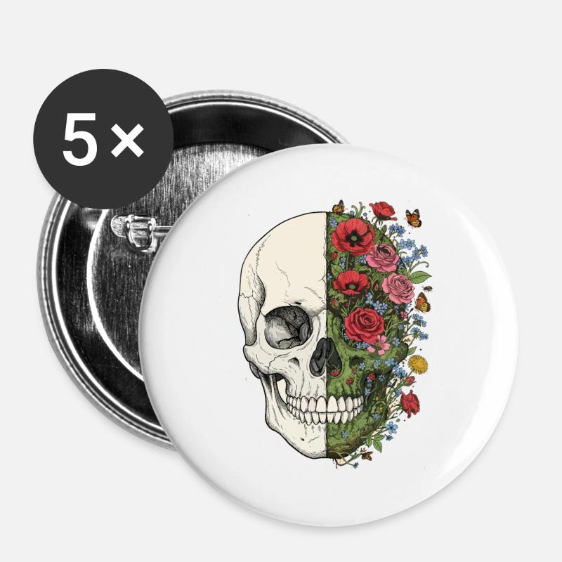 Skull Flowers Butterfly - Buttons large 2.2''/56 mm (5-pack) - white