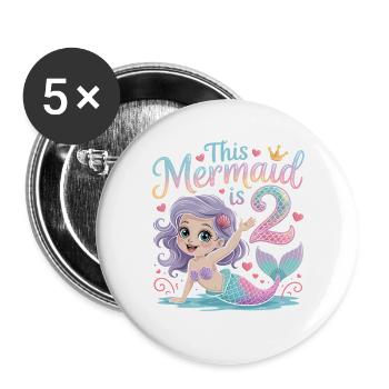 Meerjungfrau 2. Geburtstag 2 Jahre - Buttons groß 56 mm (5er Pack) - Weiß - Vorne