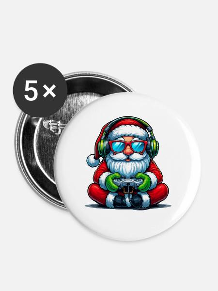Gamer Weihnachtsmann Spielt Videospiel-Controller - Buttons groß 56 mm (5er Pack) - Weiß