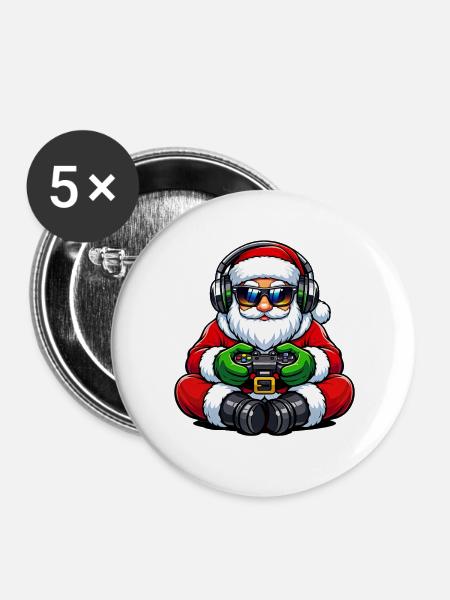 Gamer Weihnachtsmann Spielt Videospiel-Controller - Buttons groß 56 mm (5er Pack) - Weiß