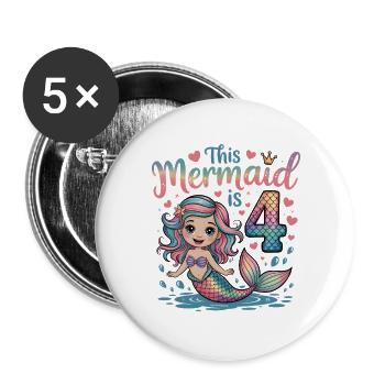 Meerjungfrau 4. Geburtstag 4 Jahre - Buttons groß 56 mm (5er Pack) - Weiß - Vorne