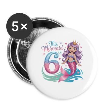 Meerjungfrau 6. Geburtstag 6 Jahre - Buttons groß 56 mm (5er Pack) - Weiß - Vorne