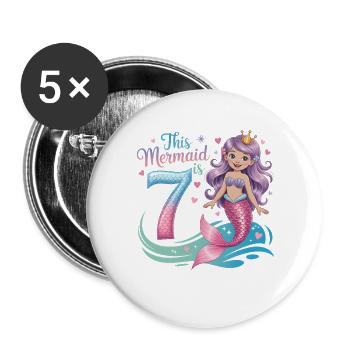 Meerjungfrau 7. Geburtstag 7 Jahre - Buttons groß 56 mm (5er Pack) - Weiß - Vorne