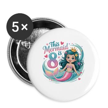 Mermaid 8th Birthday 8 Years - Buttons large 2.2''/56 mm (5-pack) - white - Front