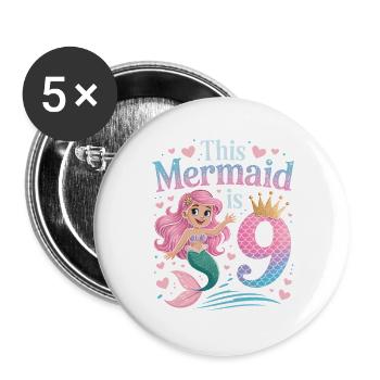 Mermaid 9th Birthday 9 Years - Buttons large 2.2''/56 mm (5-pack) - white - Front