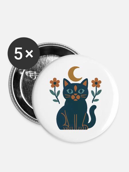 Mondkatze mit Nachtblumen - Buttons groß 56 mm (5er Pack) - Weiß