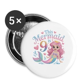 Meerjungfrau 9. Geburtstag 9 Jahre - Buttons groß 56 mm (5er Pack) - Weiß - Vorne