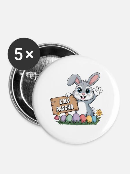 Kalo Pascha Osterhase Griechisches Ostern - Buttons groß 56 mm (5er Pack) - Weiß