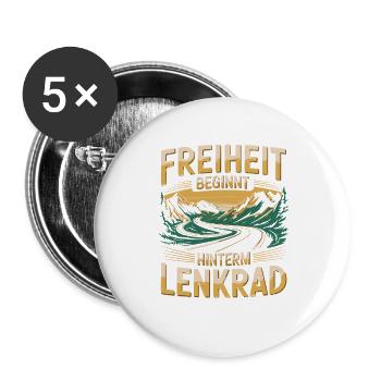  Freiheit Beginnt Hinterm Lenkrad Roadtrip Berge - Buttons groß 56 mm (5er Pack) - Weiß - Vorne
