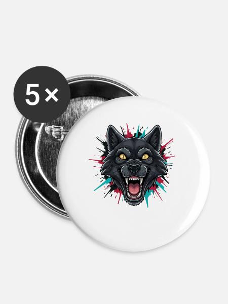 Neon-Wolfkopf Farbspritzer - Buttons groß 56 mm (5er Pack) - Weiß