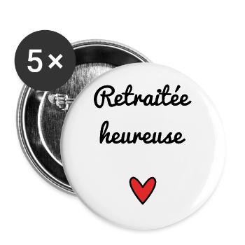 RETRAITEE. RETRAITE. BONNE RETRAITE. ANNIVERSAIRE. - Lot de 5 grands badges (56 mm) - blanc - Devant