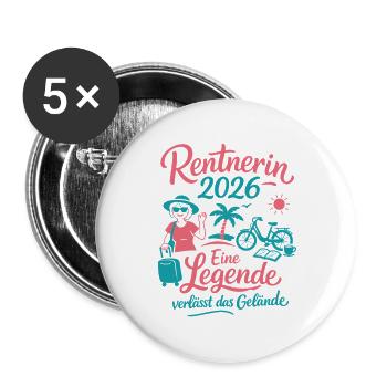 Rentnerin 2026 - Ruhestand - Pension - Buttons groß 56 mm (5er Pack) - Weiß - Vorne