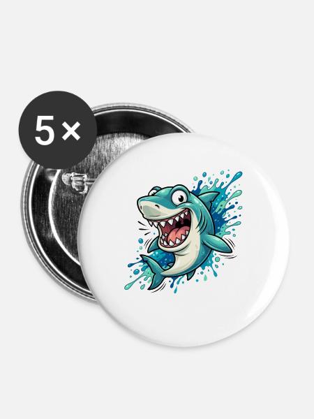 Spritzender Cartoonhai - Buttons groß 56 mm (5er Pack) - Weiß