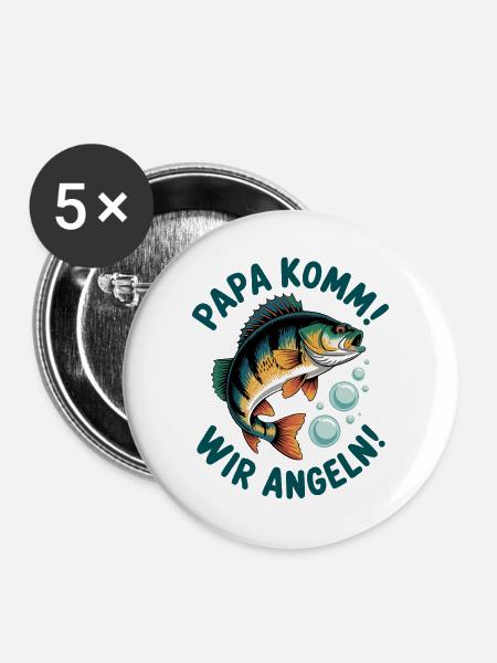 Papa komm! Wir Angeln - Buttons groß 56 mm (5er Pack) - Weiß