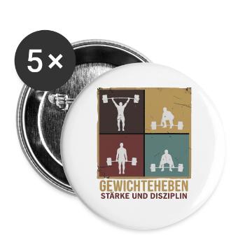 Gewichtheben Kraftsport Stärke Disziplin - Buttons groß 56 mm (5er Pack) - Weiß - Vorne