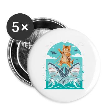 Kätzchen auf Haiabenteuer - Buttons groß 56 mm (5er Pack) - Weiß - Vorne