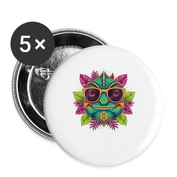 Tropen Dino mit Sonnenbrille - Buttons groß 56 mm (5er Pack) - Weiß - Vorne