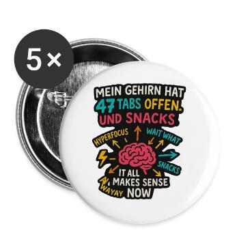Mein Gehirn hat 47 Tabs offen Und Snacks ADHS Shir - Buttons groß 56 mm (5er Pack) - Weiß - Vorne