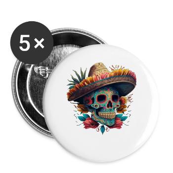 Lebendiger Zuckerschädel im Sombrero - Buttons groß 56 mm (5er Pack) - Weiß - Vorne