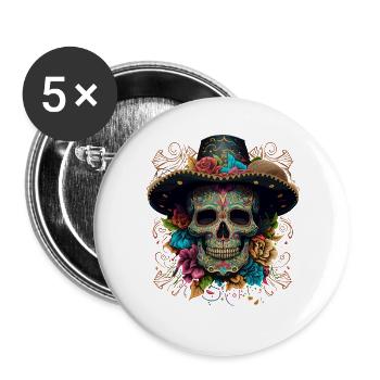 Vibrant Sugar Skull in Floral Sombrero - Buttons large 2.2''/56 mm (5-pack) - white - Front