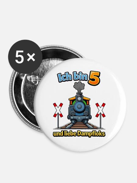 Dampflok Ich bin 5 - Buttons groß 56 mm (5er Pack) - Weiß