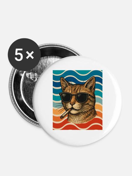 Katzen-Sommer mit Sonnenbrille - Buttons groß 56 mm (5er Pack) - Weiß