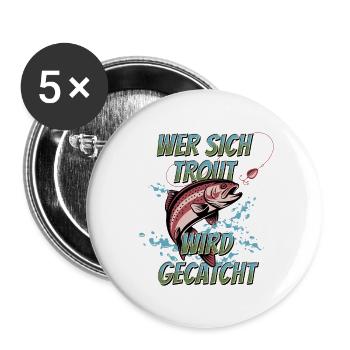 Forellen Angeln Trout Sprung – Fangfreude - Buttons groß 56 mm (5er Pack) - Weiß - Vorne