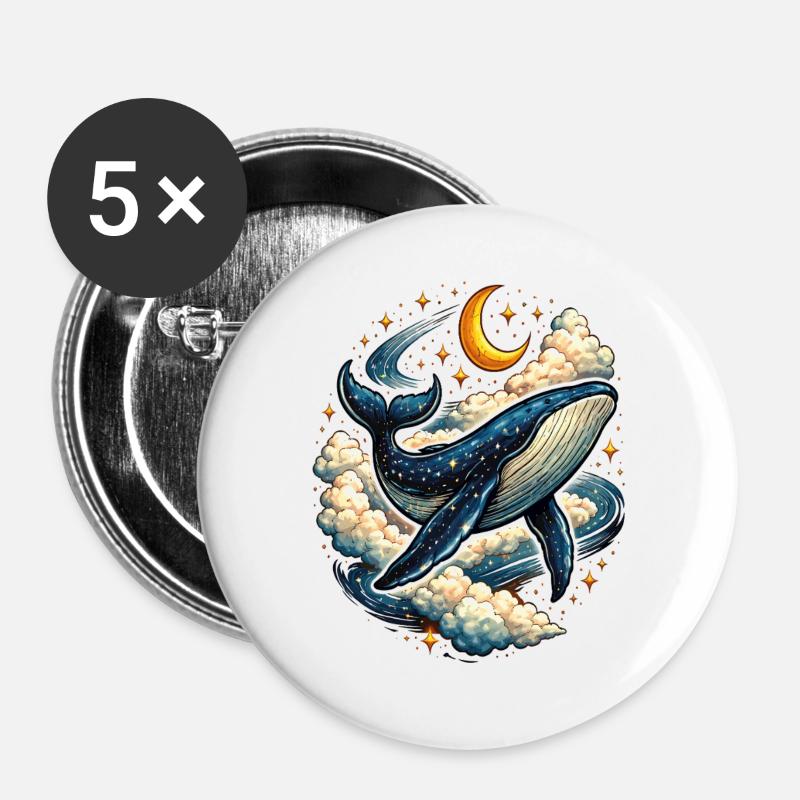 Baleine Céleste dans les Nuages - Lot de 5 grands badges (56 mm) - blanc