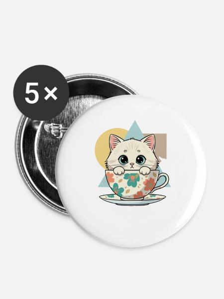 Kätzchen im Teetassen-Design - Buttons groß 56 mm (5er Pack) - Weiß