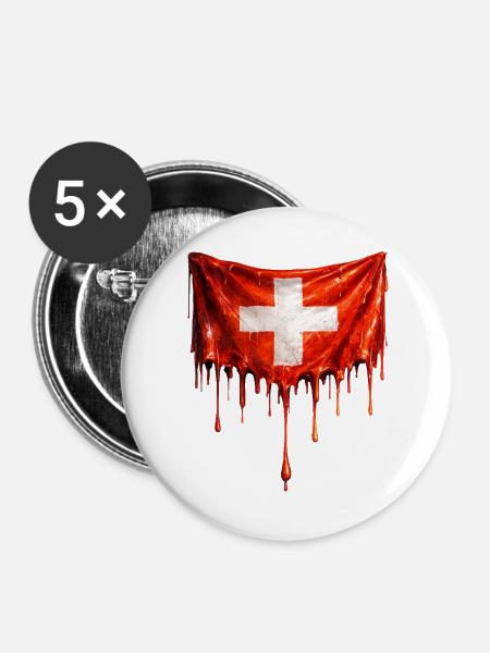 Abtropfende Schweizer Flagge - Buttons groß 56 mm (5er Pack) - Weiß