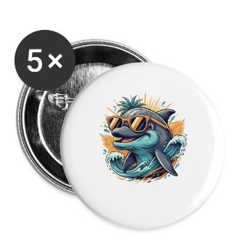 Dolphin with Sunglasses Surf Tropical Design - Buttons large 2.2''/56 mm (5-pack) - white - Front