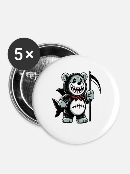 Grinsender Bär mit Sense - Buttons groß 56 mm (5er Pack) - Weiß