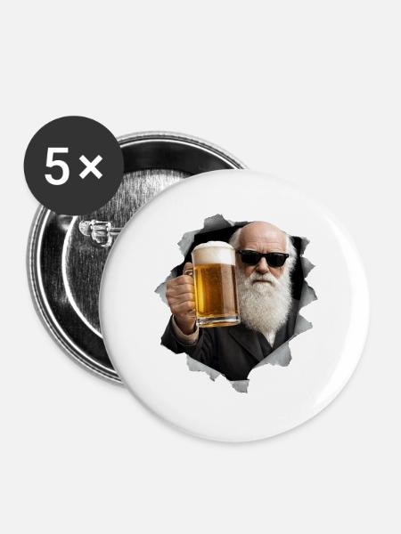 Charles Darwin hält ein Bier - Buttons groß 56 mm (5er Pack) - Weiß