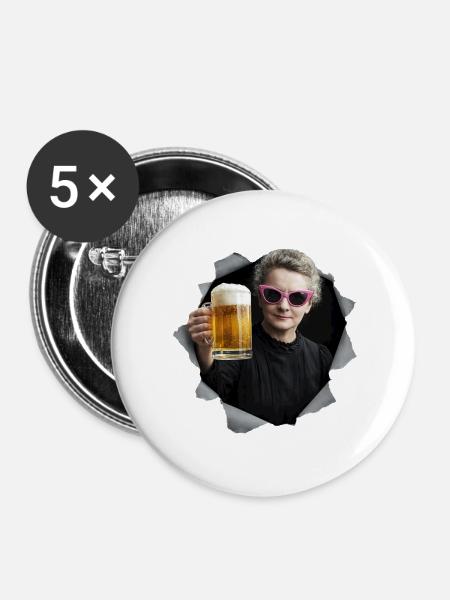 Marie Curie hält ein Bier - Buttons groß 56 mm (5er Pack) - Weiß