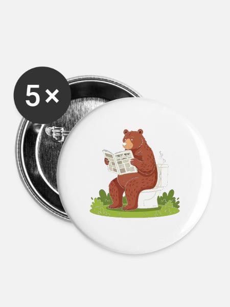 Bär liest Zeitung auf Toilette - Buttons groß 56 mm (5er Pack) - Weiß
