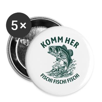 Komm her Fischi Fischi Fischi - Angler - Angeln - Buttons groß 56 mm (5er Pack) - Weiß - Vorne