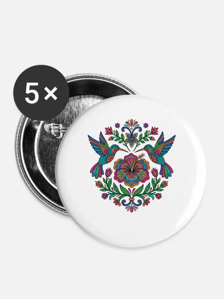 Blumen Alebrije Hummingbird Mexikanisch - Buttons groß 56 mm (5er Pack) - Weiß