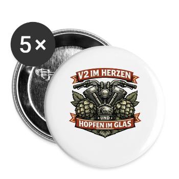 V2 im Herzen Hopfen im Glas Biker Spruch - Buttons groß 56 mm (5er Pack) - Weiß - Vorne