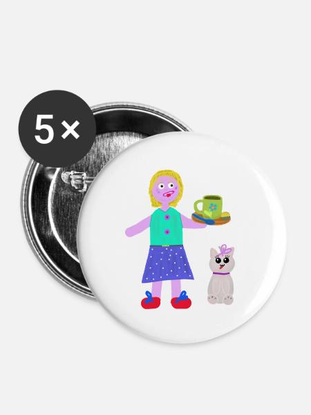 Fröhliche Mädchen Kaffee Praline Katze - Buttons groß 56 mm (5er Pack) - Weiß