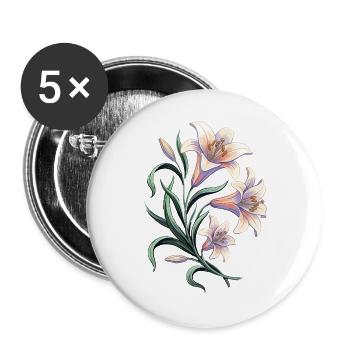 Lilienblüten Vintage Motiv - Buttons groß 56 mm (5er Pack) - Weiß - Vorne