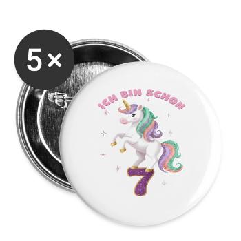 7. Geburtstag Einhorn Mädchen Ich bin schon 7 - Buttons groß 56 mm (5er Pack) - Weiß - Vorne