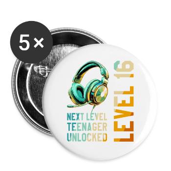 16e anniversaire garçon fille adolescente niveau 16 - Lot de 5 grands badges (56 mm) - blanc - Devant