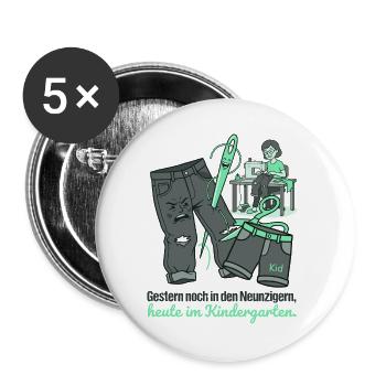 Lustiges Upcycling Jeans Kindergarten Näh Design - Buttons groß 56 mm (5er Pack) - Weiß - Vorne