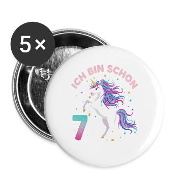 7. Geburtstag Einhorn Mädchen Ich bin schon 7 - Buttons groß 56 mm (5er Pack) - Weiß - Vorne