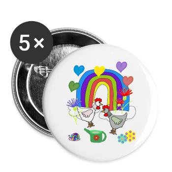 Kinder Fantasy Regenbogen Blumen Hühner  - Buttons groß 56 mm (5er Pack) - Weiß - Vorne