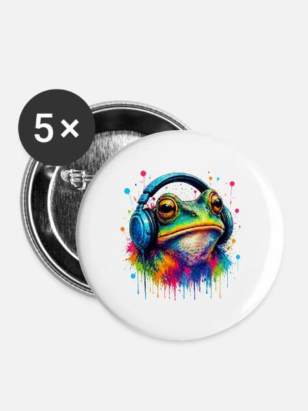 Farbexplosion Frosch mit Kopfhörern - Buttons groß 56 mm (5er Pack) - Weiß